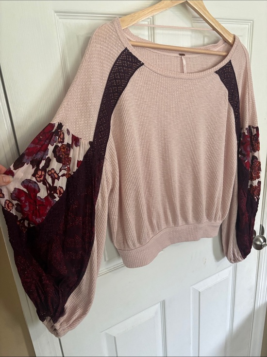 Free People Tops - Free People Light Pink Sweater Top with Burgundy Floral Balloon Sleeves